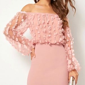 Appliqués Mesh Bishop Sleeve Bardot Pencil Dress
